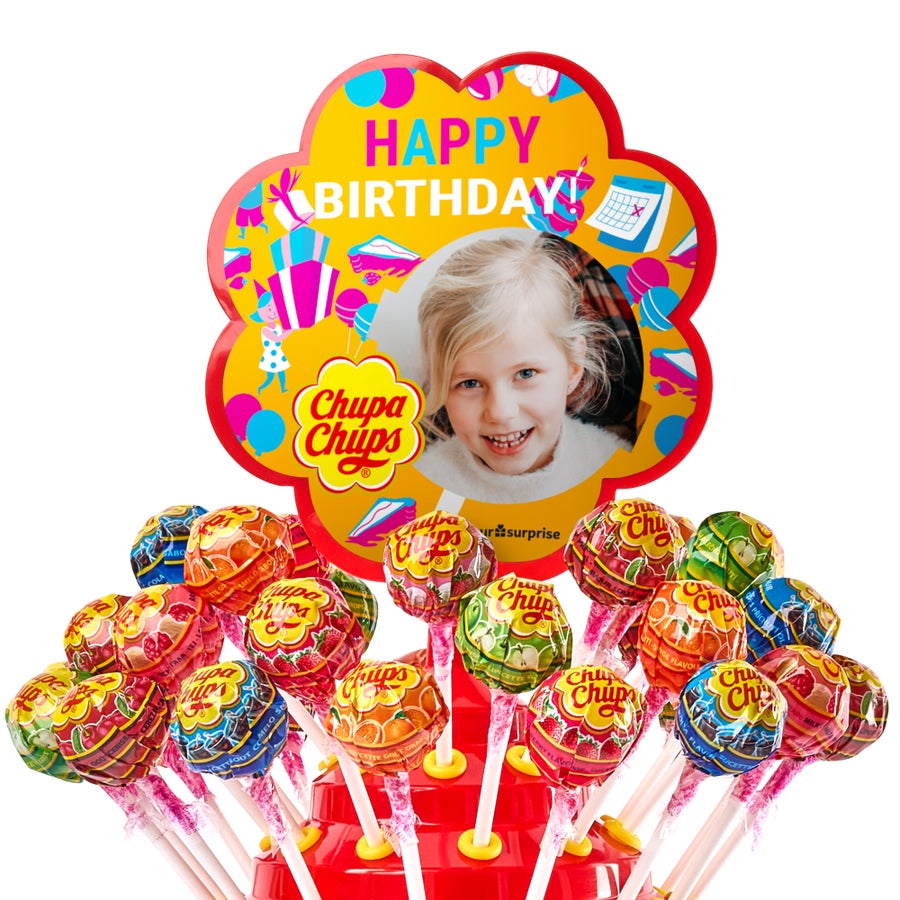 A personalized Chupa Chups lollipop tower with a photo and Happy Birthday message, perfect for who will you surprise.