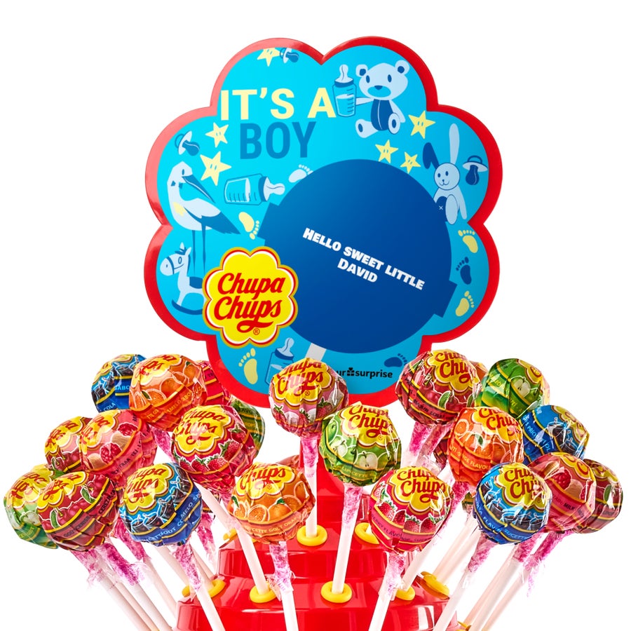 Chupa Chups lollipop tower with a personalized blue 'It's a boy' design, printed with 'Hello Sweet Little David'.