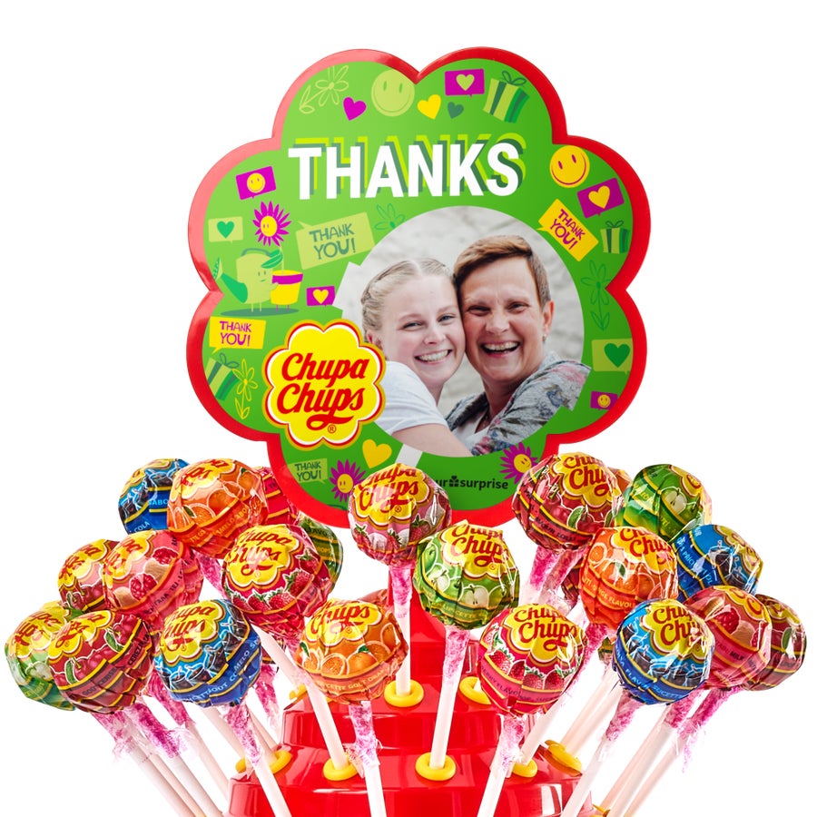 Chupa Chups lollipop tower with a personalized photo and "Thanks" message printed on the top.