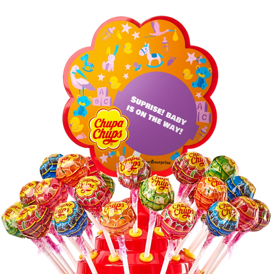Personalized Chupa Chups tower with 100 lollipops and a baby shower design printed with the text Suprise Baby is on the way Who will you surprise with a tower of Chupa Chups lollipops