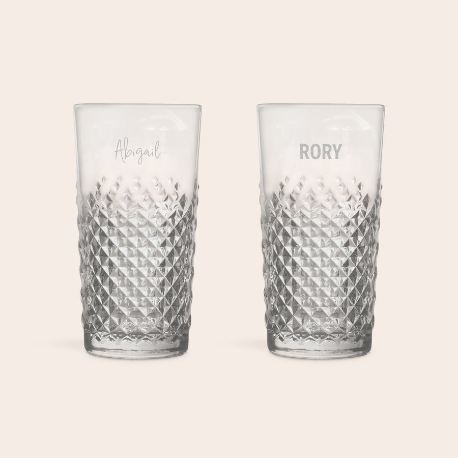 Engraved cocktail glass - Mojito Two personalised engraved mojito glasses with diamond patterns. One glass is engraved with "Abigail" and the other with "RORY".