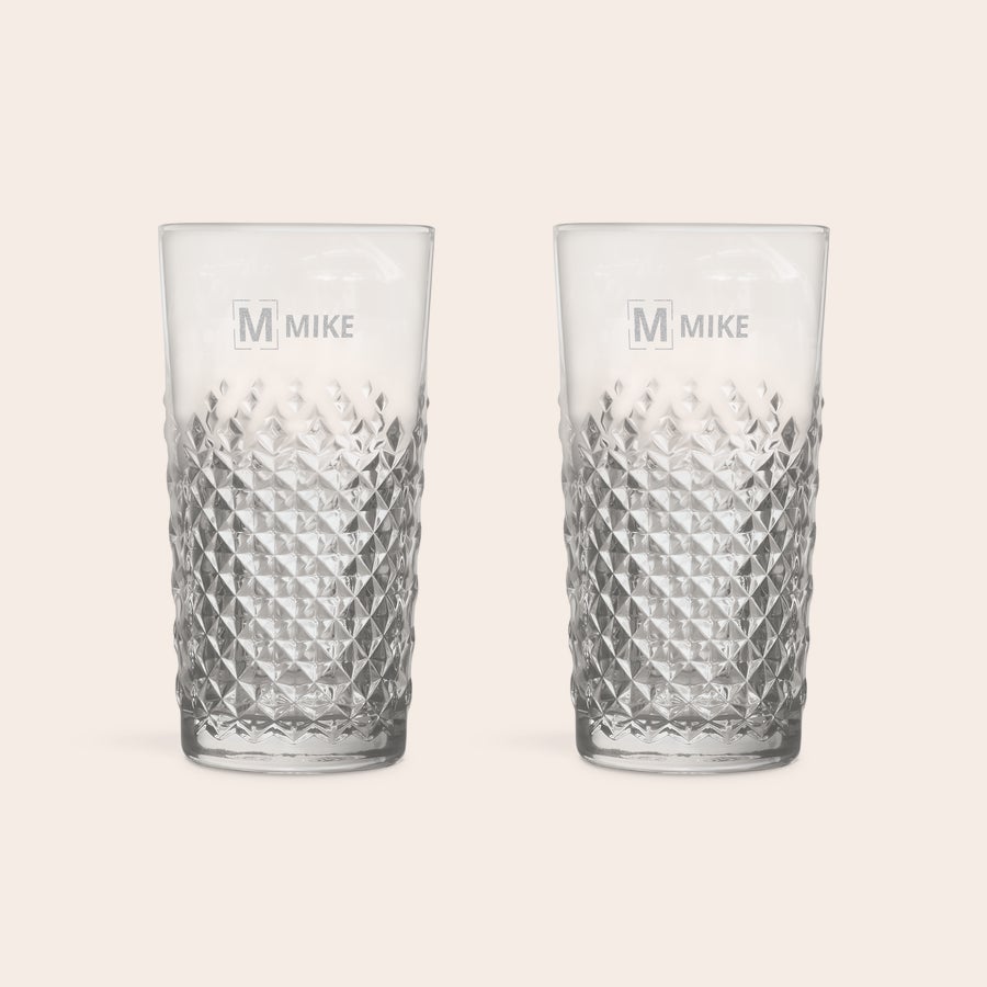 Engraved cocktail glass - Mojito Two personalised engraved mojito glasses with a textured diamond pattern and the name Mike on each