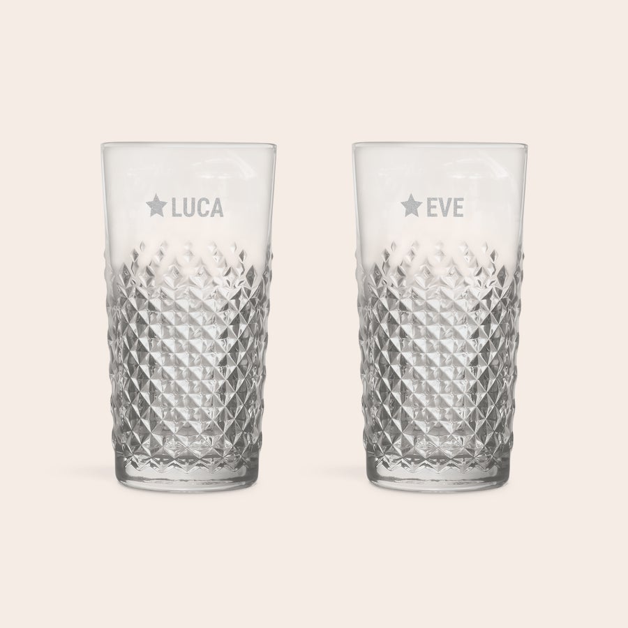 Pair of personalized engraved mojito glasses, one with "Luca" and a star, the other with "Eve" and a star.