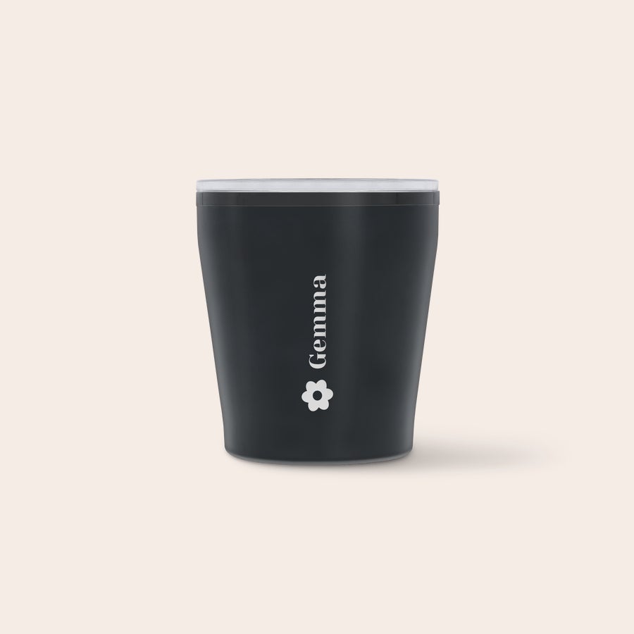 Black personalised travel mug with Gemma and a flower printed in white