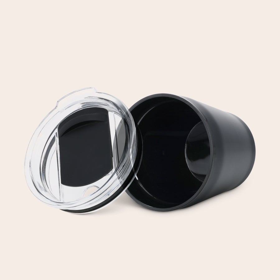 Black personalised travel mug with a clear lid for sipping in style on the go