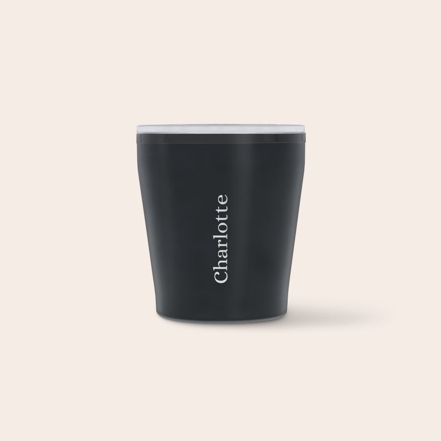 Engraved travel mug Dark grey personalised travel mug with a clear lid, engraved with the name Charlotte