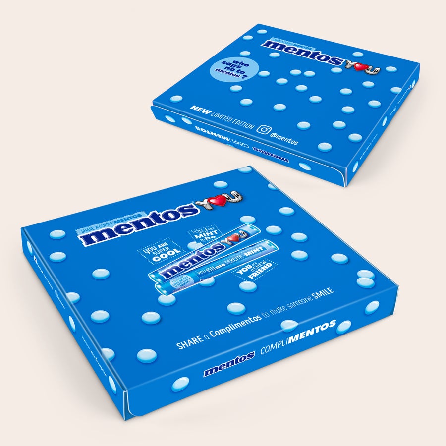 Personalized Mentos gift box with custom printed rolls featuring compliments like "You are super cool" and "You are a chew friend."