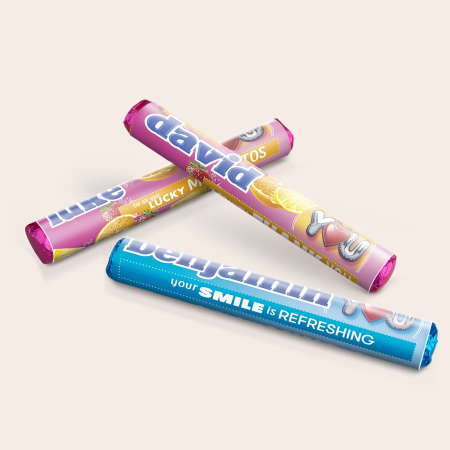 Personalised Mentos Packets Gift Box Three personalized Mentos rolls printed with names like "David" and "Benjamin" and compliments.