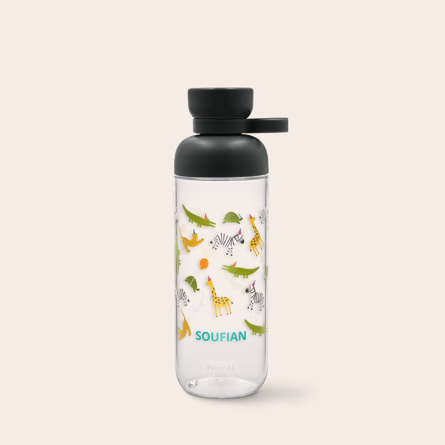 A personalized Mepal water bottle with an animal pattern and the printed name SOUFIAN.
