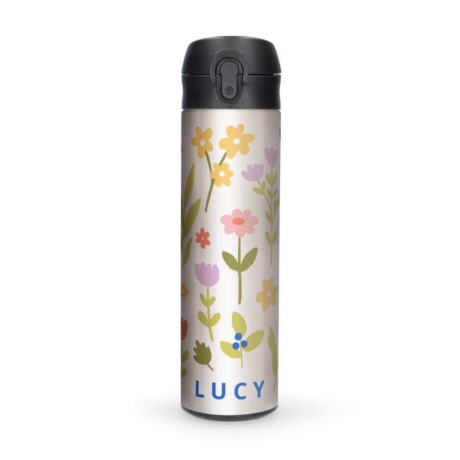 Stainless steel metal water bottle printed with a colorful floral pattern and personalized with the name Lucy