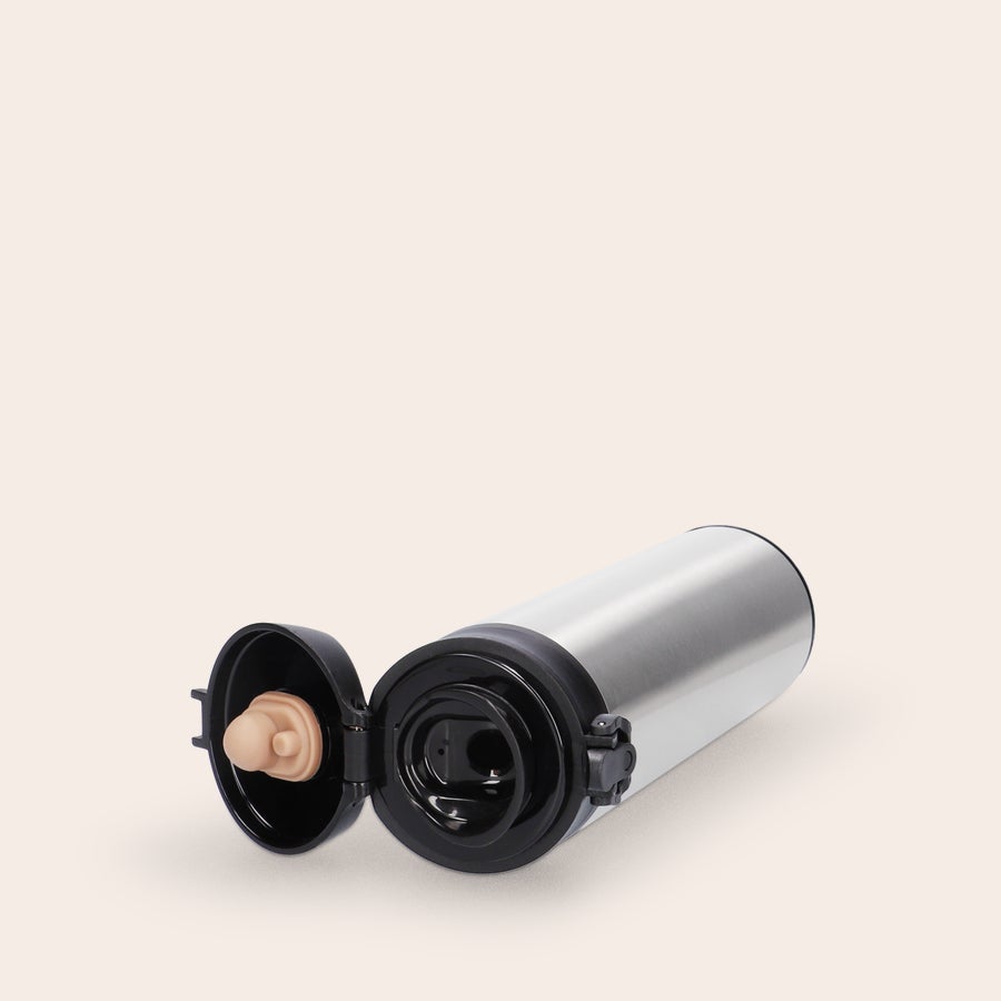 Silver metal water bottle with open black lid and beige pop-top, ready for a personalized name and photo.