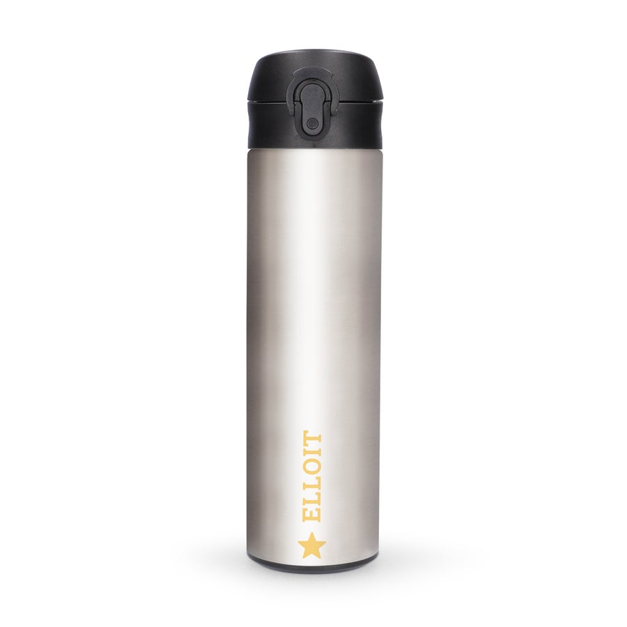 Personalised Metal Water Bottles Metal water bottle with a black pop-top lid, personalized with the name ELLIOT and a star in orange text