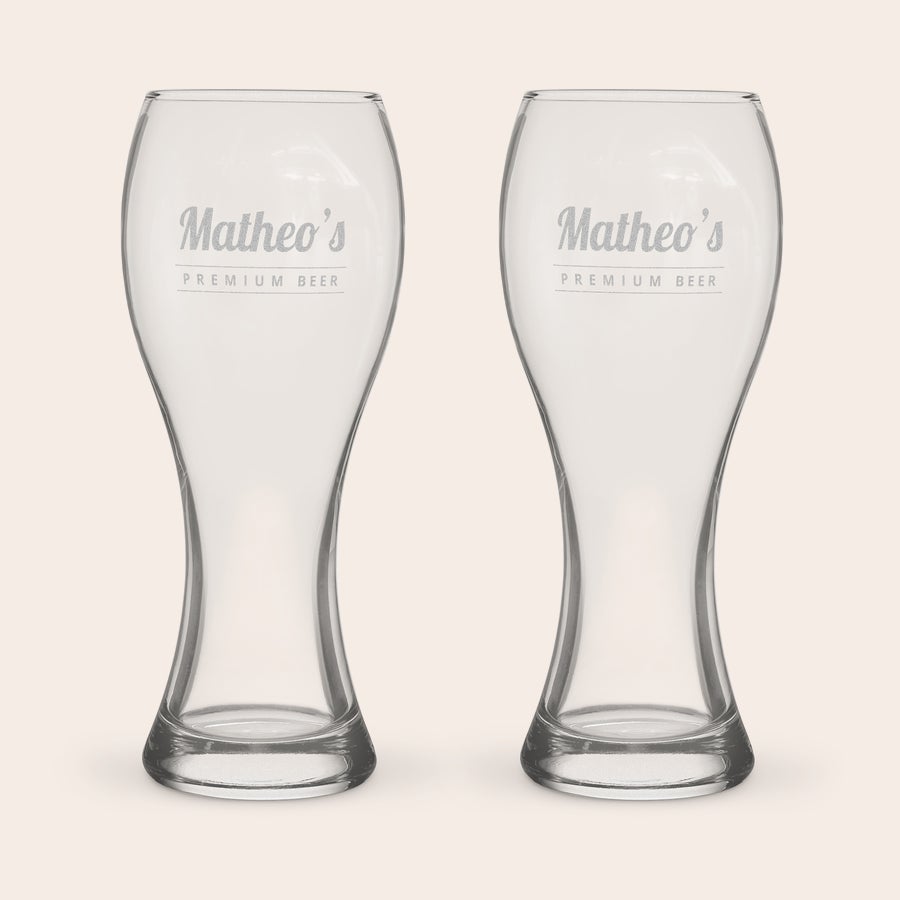 Two engraved xl beer glasses with "Matheo's Premium Beer" text, customized with your chosen name or text