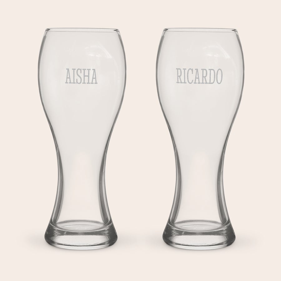 Beer Glasses - XL Two personalized XL beer glasses, one engraved with AISHA and the other with RICARDO.