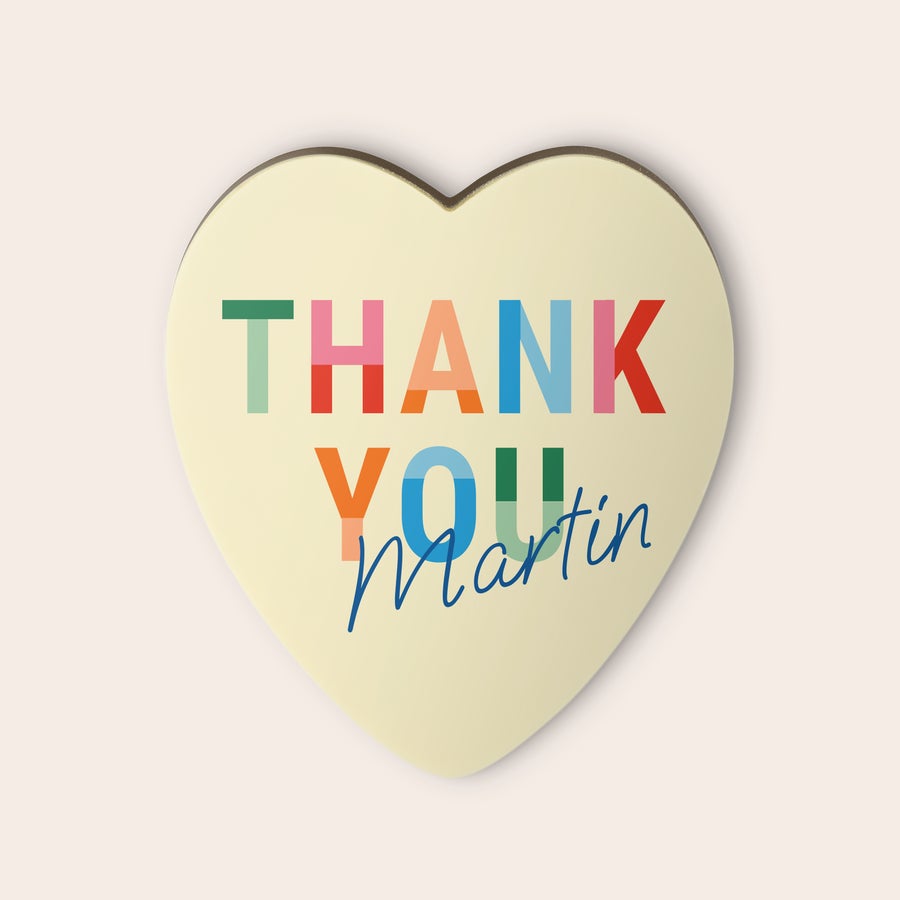 Personalised chocolate heart Personalized chocolate heart printed with "Thank You Martin" in colorful block and script fonts