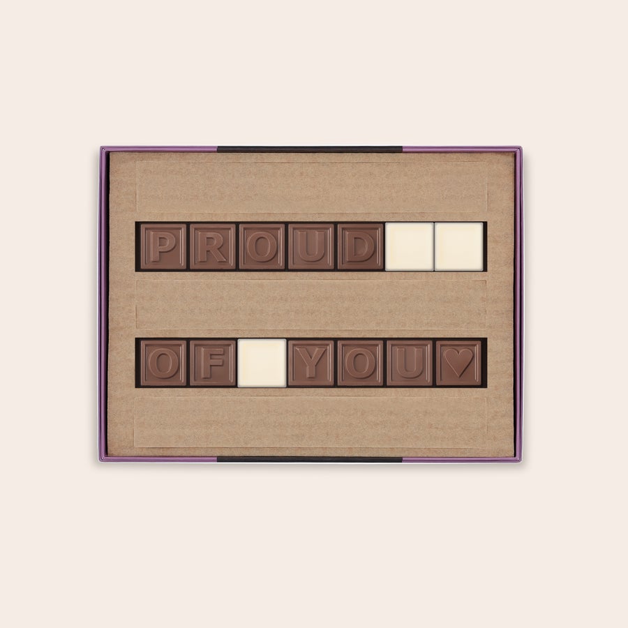 Personalised Chocolate Telegram Personal chocolate telegram spelling PROUD OF YOU in a gift box with customizable letters