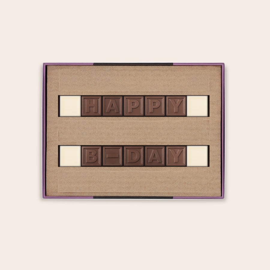 Personalised Chocolate Telegram Personalized chocolate telegram in a gift box spelling HAPPY B-DAY with milk and white chocolate letters