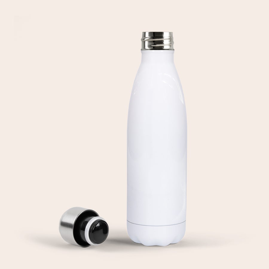 Plain white personalized insulated water bottle with a silver lid, ready for a name and photo