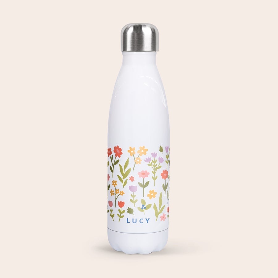 Personalised insulated water bottle White personalised insulated water bottle printed with colorful flowers and the name Lucy