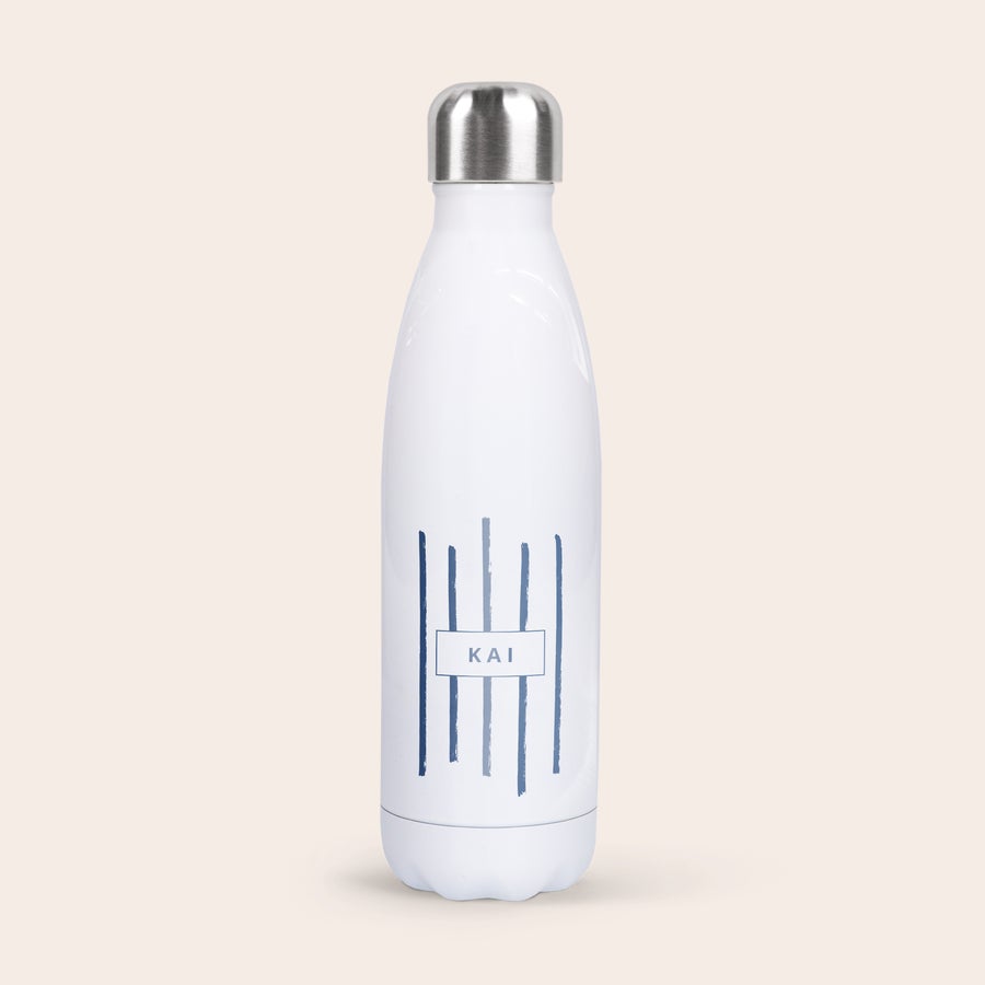 Personalised insulated water bottle Personalised insulated water bottle with a printed blue brushstroke design and name Kai