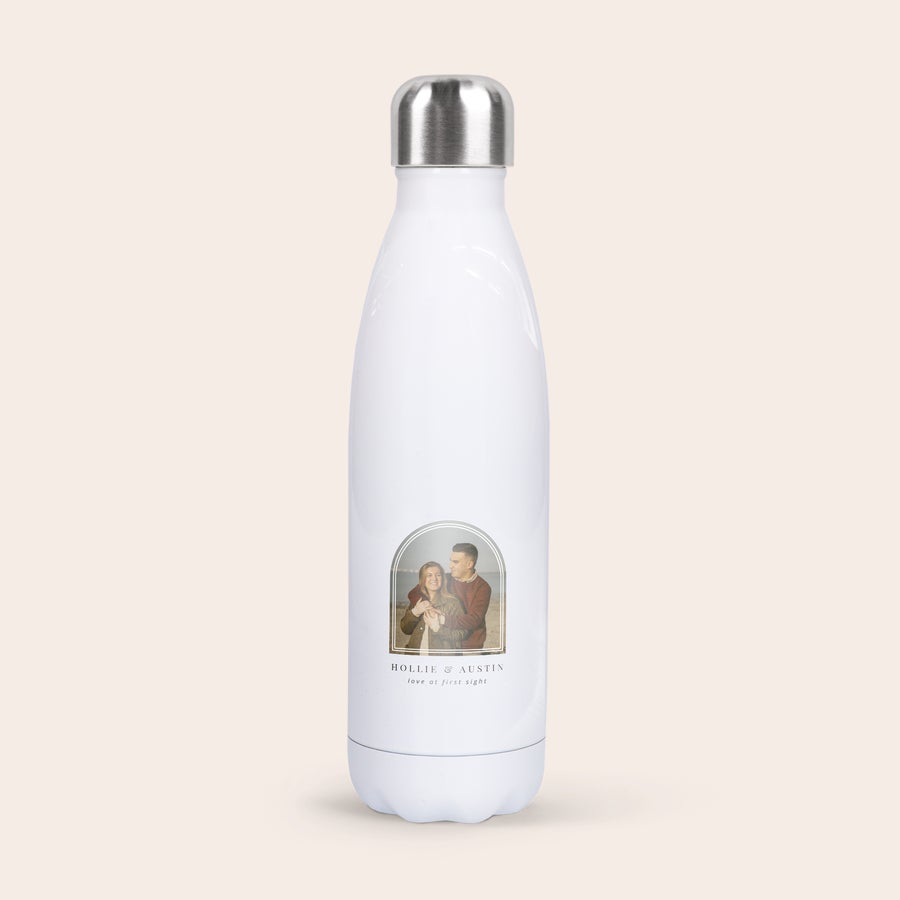 Personalised insulated water bottle White insulated water bottle printed with a photo of a couple and the names Hollie and Austin below