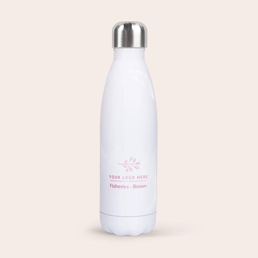 White personalised insulated water bottle with a silver lid, printed with a name and logo