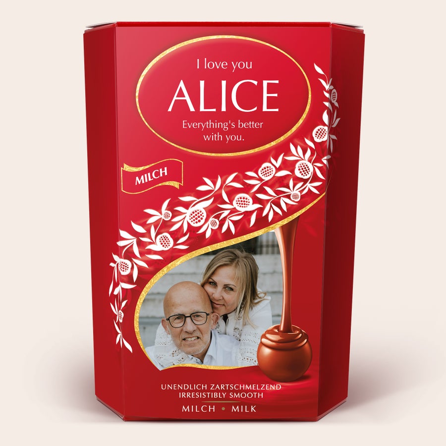 Lindt chocolate gift box Red Lindt Chocolate Gift Box personalized with a photo of a couple and a message to Alice