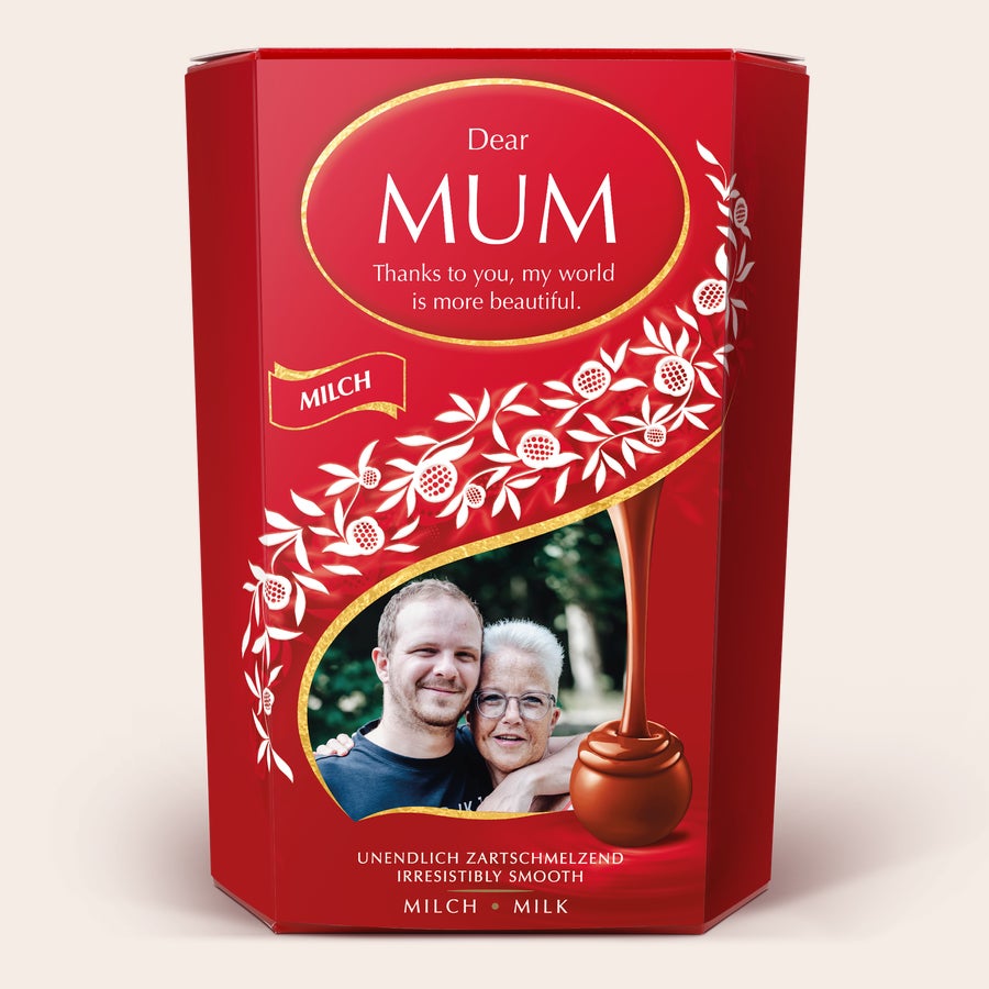 Lindt chocolate gift box Red Lindt Chocolate Gift Box printed with a photo of a man and woman and the personalized message Dear MUM.