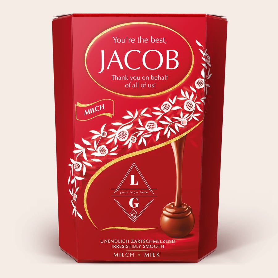 Lindt chocolate gift box Personalized Lindt chocolate gift box for chocoholics with "Jacob" and custom message printed on red packaging