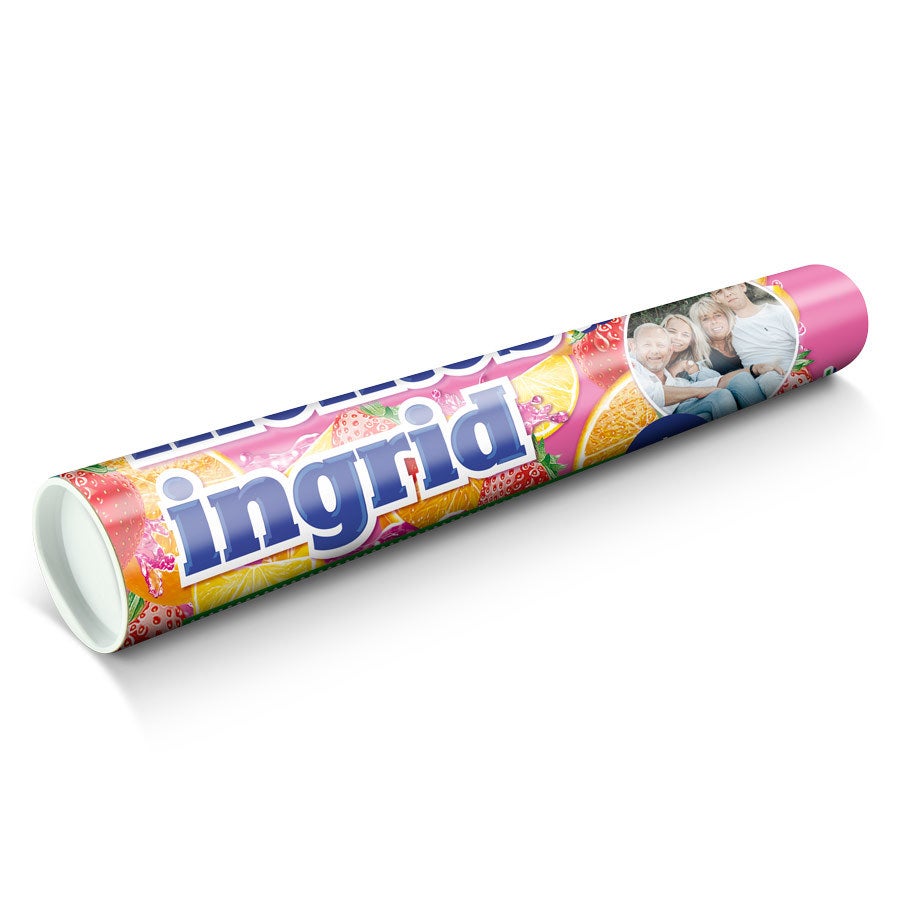 Personalized XXL Mentos with Ingrid and a family photo printed on the fruity wrapper.