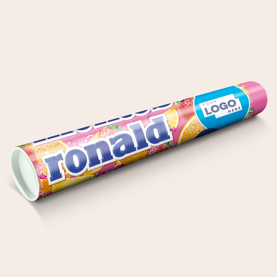 Personalized XXL Mentos with a colorful fruit design, printed with the name "Ronald" and a custom logo.