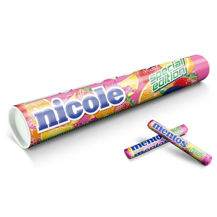 Personalized XXL Mentos fruit candy roll printed with the name Nicole