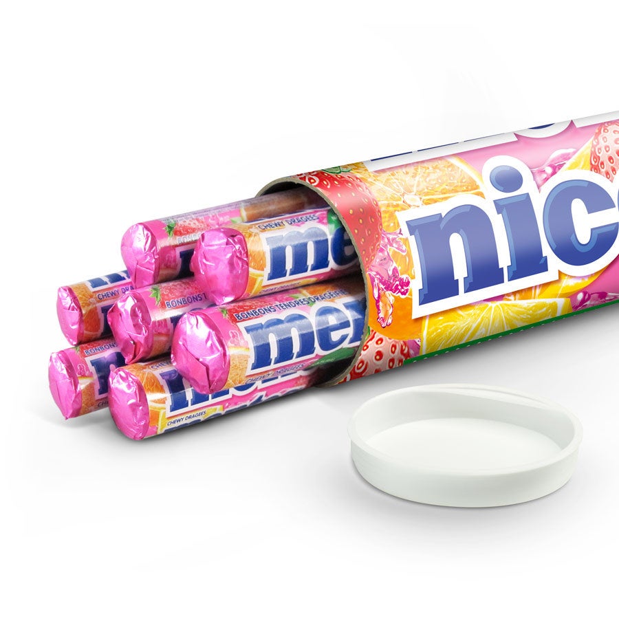 Personalized XXL Mentos gift with fruit flavored Mentos rolls, printed with custom design