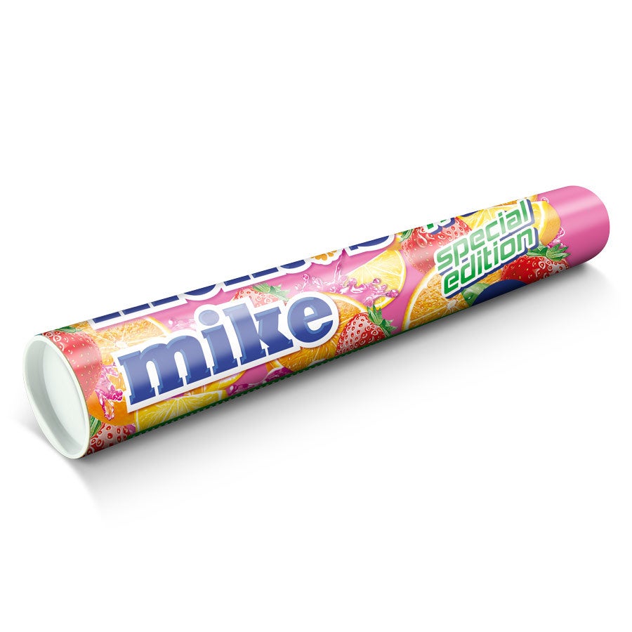Personalized XXL Mentos printed with a special edition fruit design and the name Mike