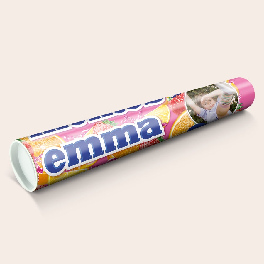 Personalised XXL Mentos Roll Personalised XXL Mentos with a fruit design printed with the name Emma and a photo of a child