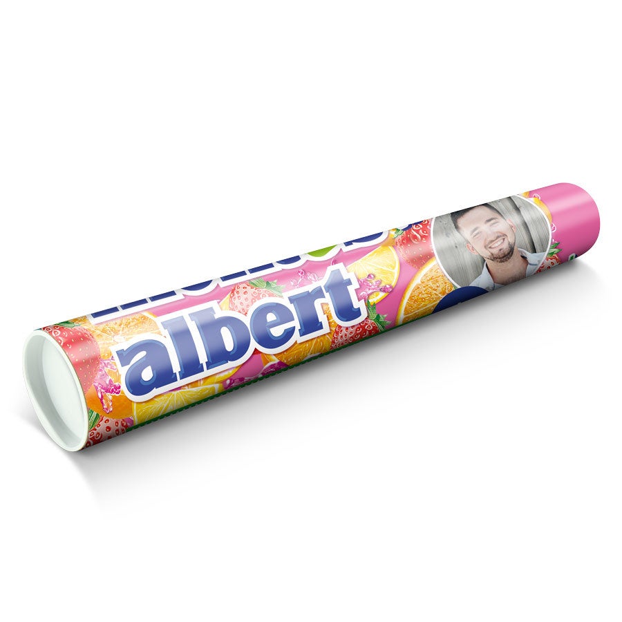 Large fruit-flavored personalized XXL Mentos printed with the name "Albert" and a photo
