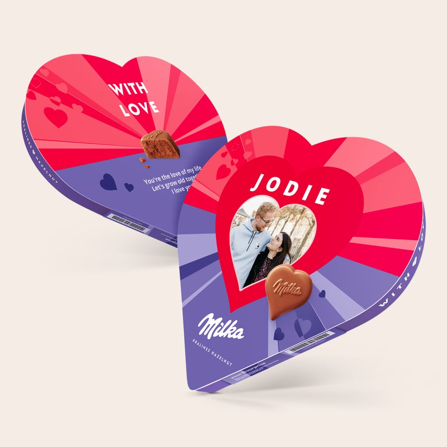 Milka chocolate heart A personalized Milka heart gift box with a photo of a couple and the name Jodie printed on it.