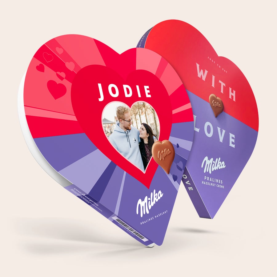 Milka chocolate heart A personalised Milka heart says more than a thousand words, printed with a photo of a couple and the name Jodie.
