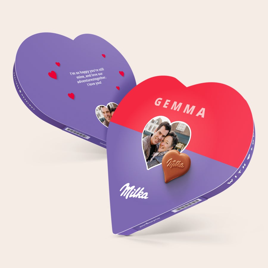A personalised Milka heart-shaped gift box, printed with a photo, the name Gemma, and a loving message