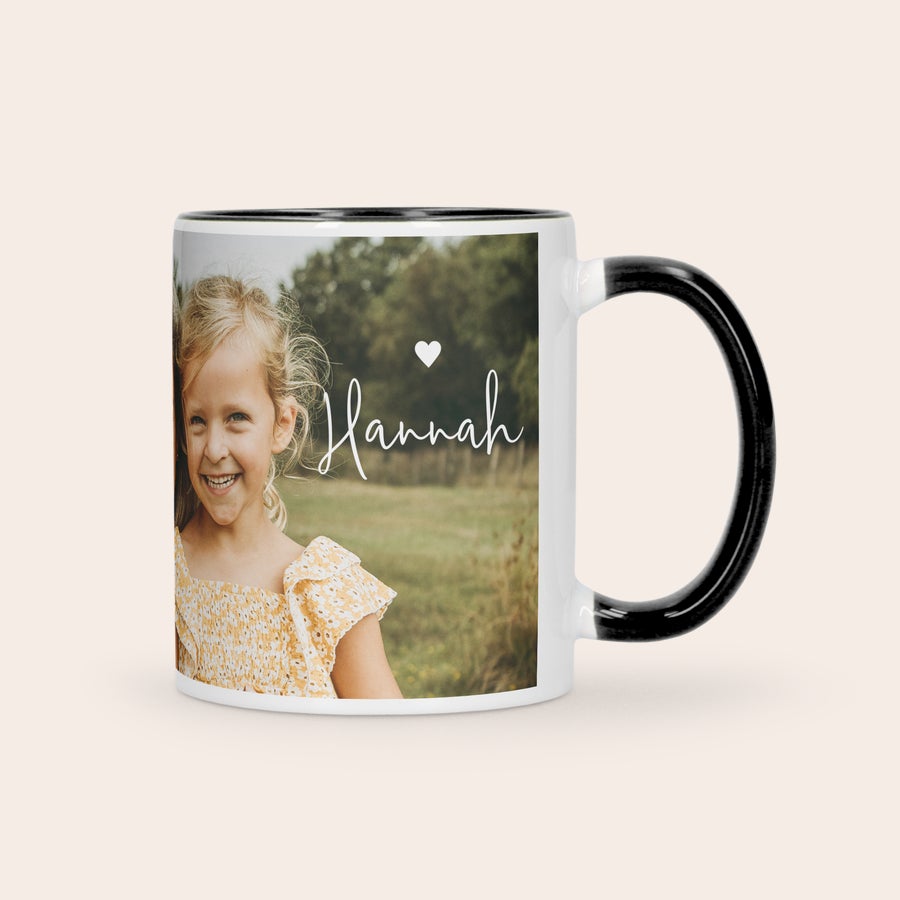 Custom Color Mug Personalized white coloured mug with black handle and rim printed with a girl's photo and the name Hannah. Give a coloured mug as a gift!