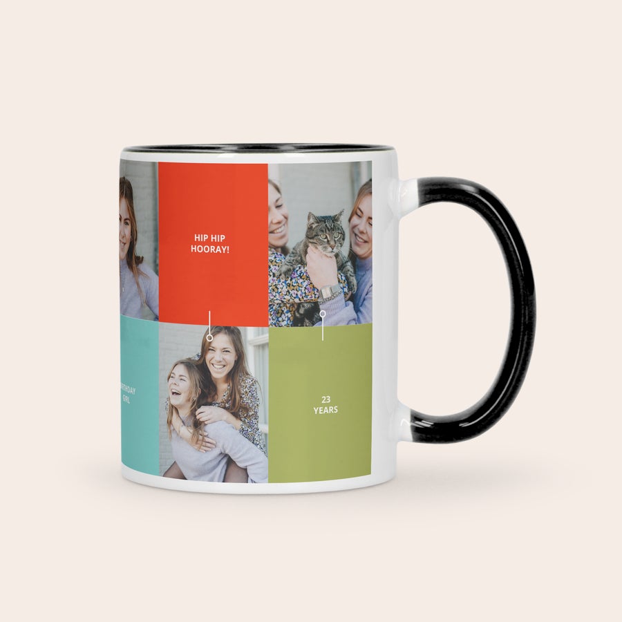 Personalized white and black coloured mug with photos and text printed to give as a gift