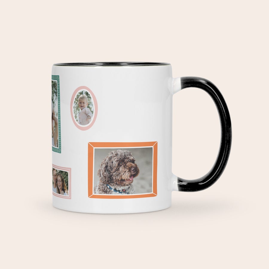 White mug with a black handle and rim, printed with various personalized photos. Give a coloured mug as a gift!
