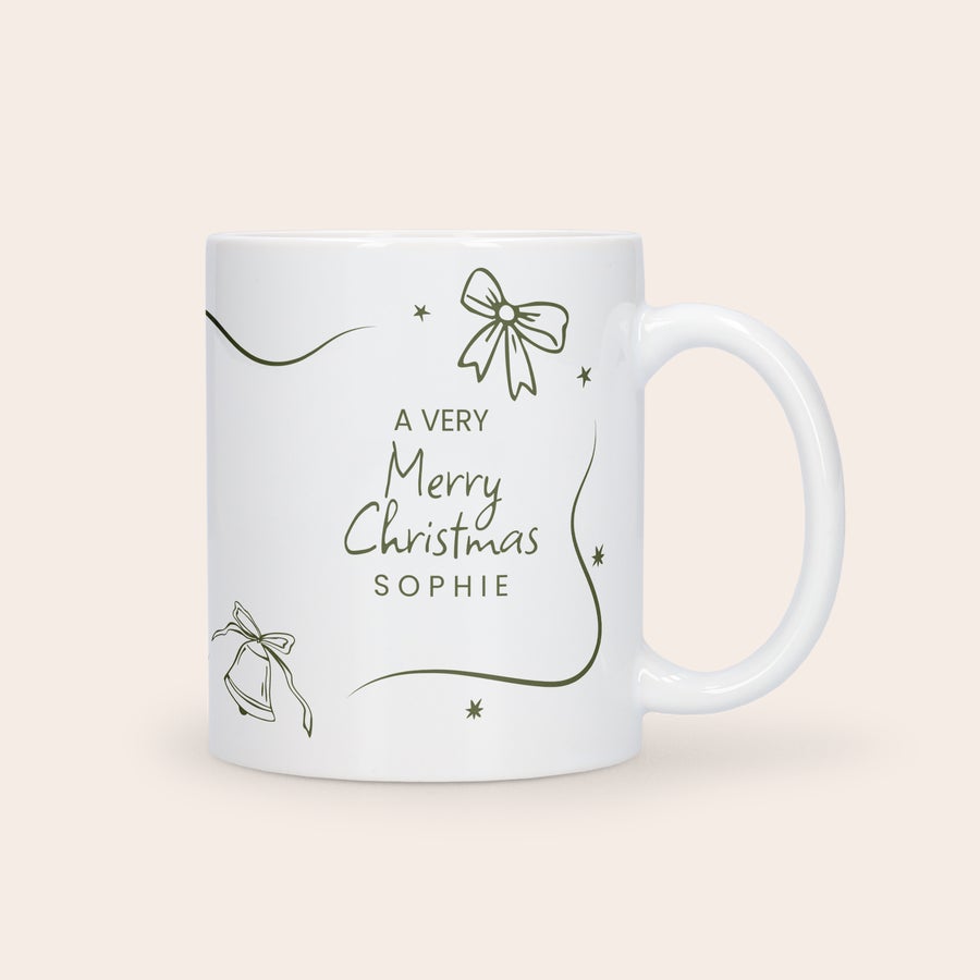Personalised Mug - White with Merry Christmas Sophie printed design and decorative bows and bells