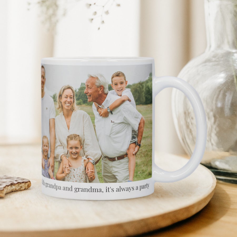 Personalised Mug - White Personalised Mug White printed with a family photo and text that says "with grandpa and grandma, its always a party" customizable with your own photo and message.