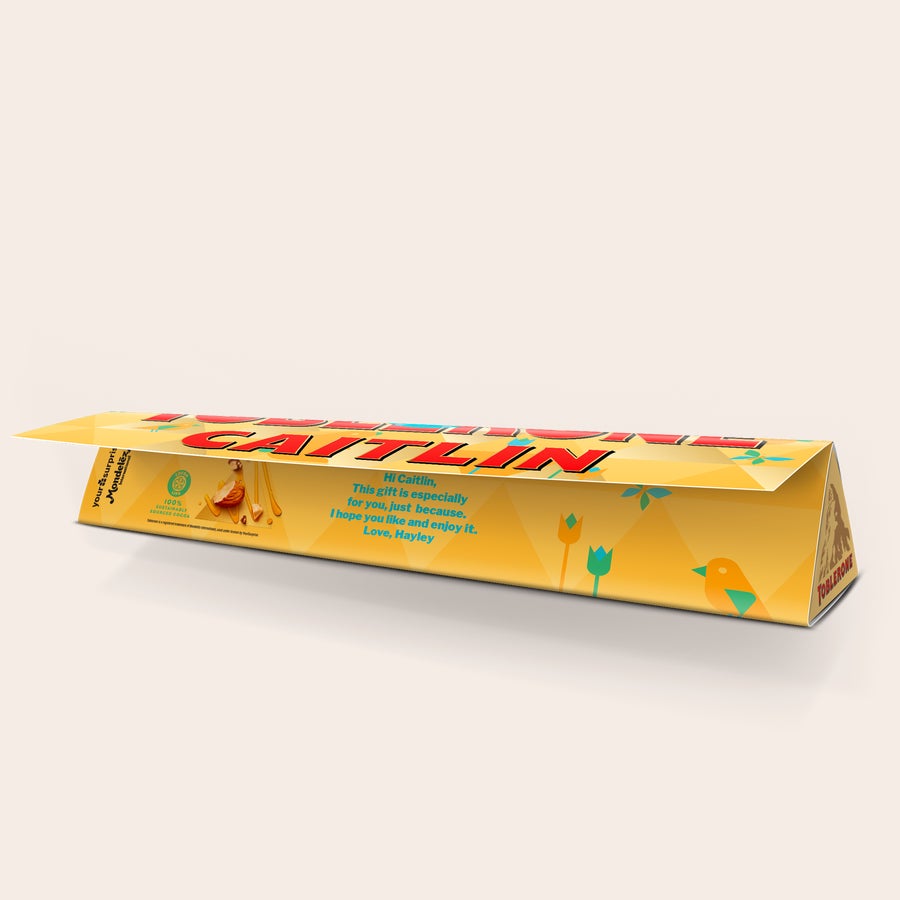 Personalised Large Toblerone bar printed with the name Caitlin and a custom message
