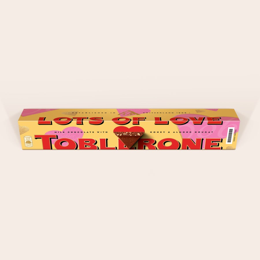 Personalised Toblerone Chocolate Bar - Love Personalized Toblerone bar printed with a name and a photo, featuring a "Lots of Love" design.
