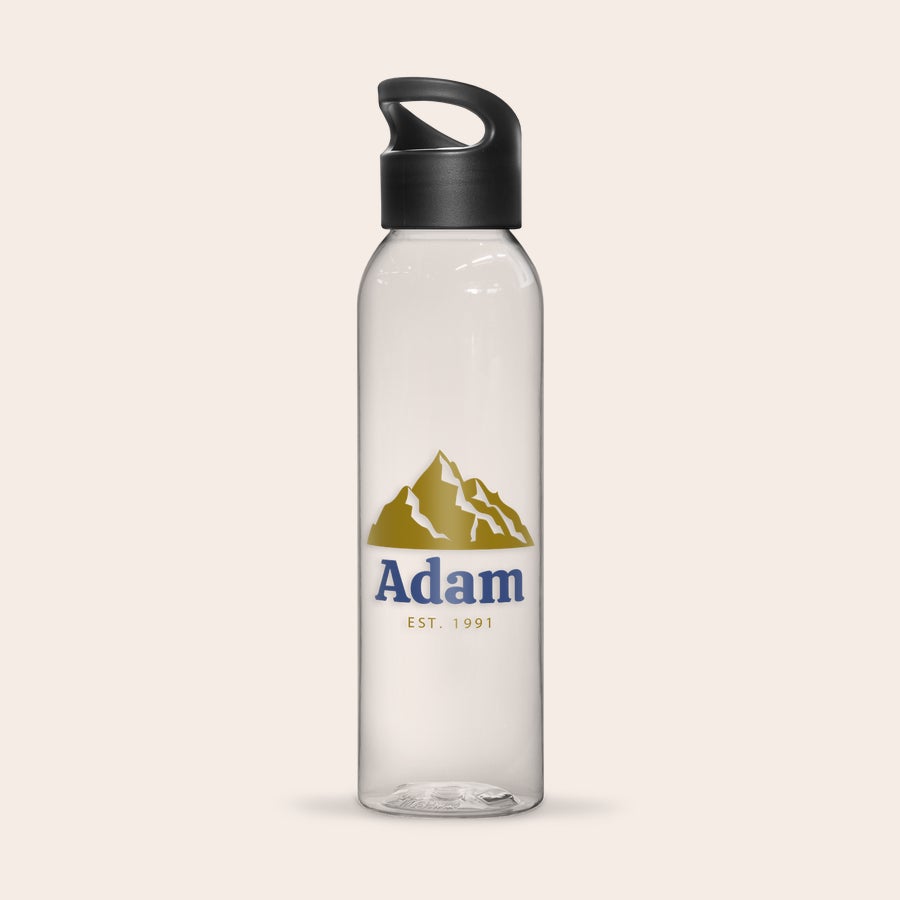 Water bottle - Printed Black personalized water bottle with a mountain design printed on it, featuring the name Adam and est 1991.