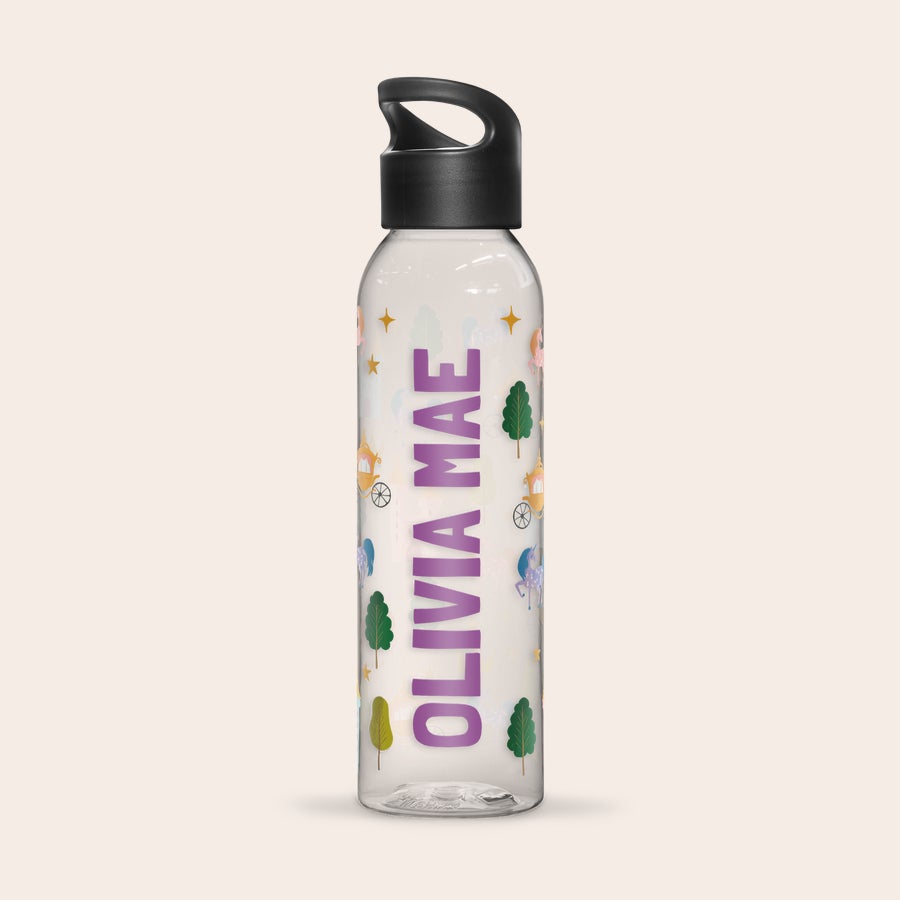 Water bottle - Printed Clear personalized water bottle printed with a unicorn and carriage design and the name Olivia Mae