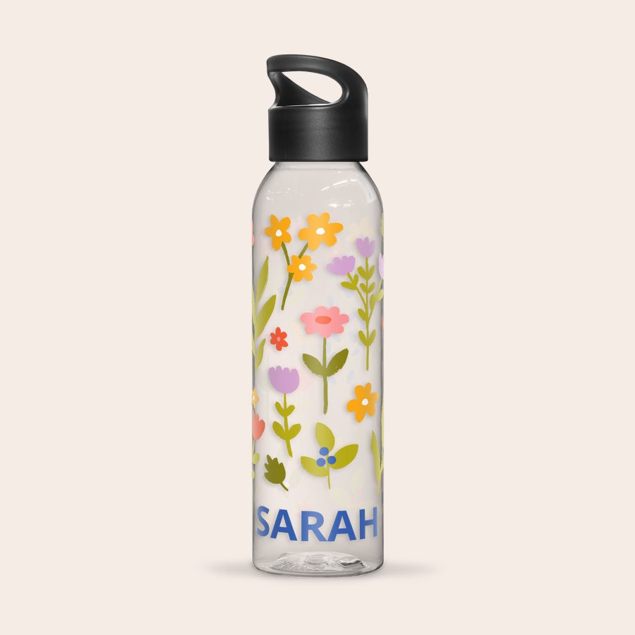 Water bottle - Printed Personalized water bottle printed with a colorful floral design and the name Sarah