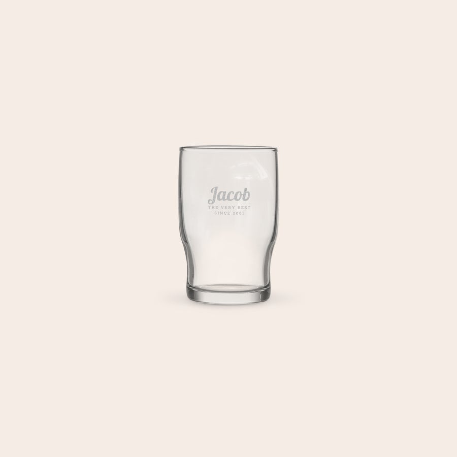 Personalised water glass Personalized water glass engraved with the name Jacob and text The Very Best Since 2001